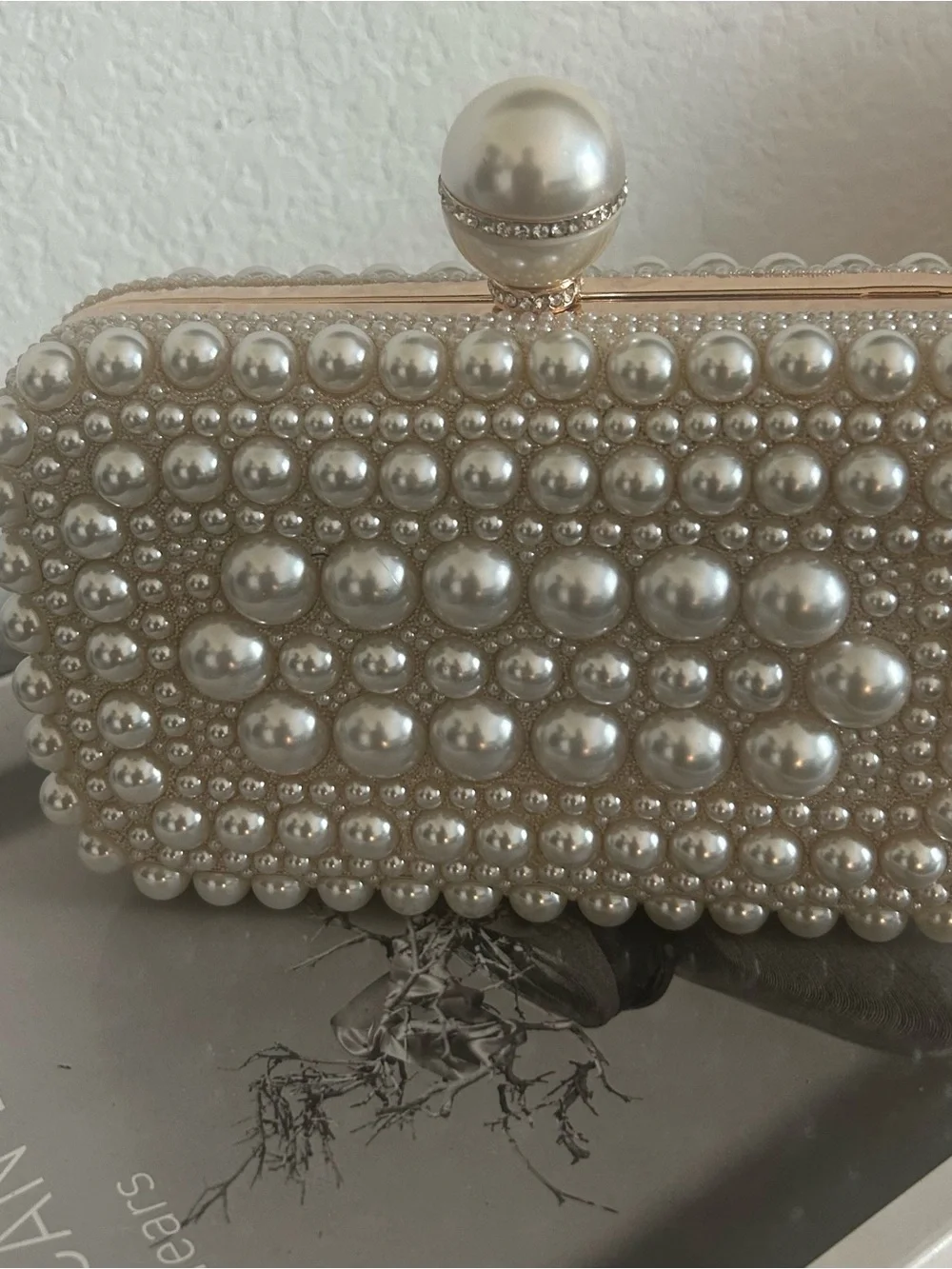Pearl-Embellished Evening Clutch - Ivory